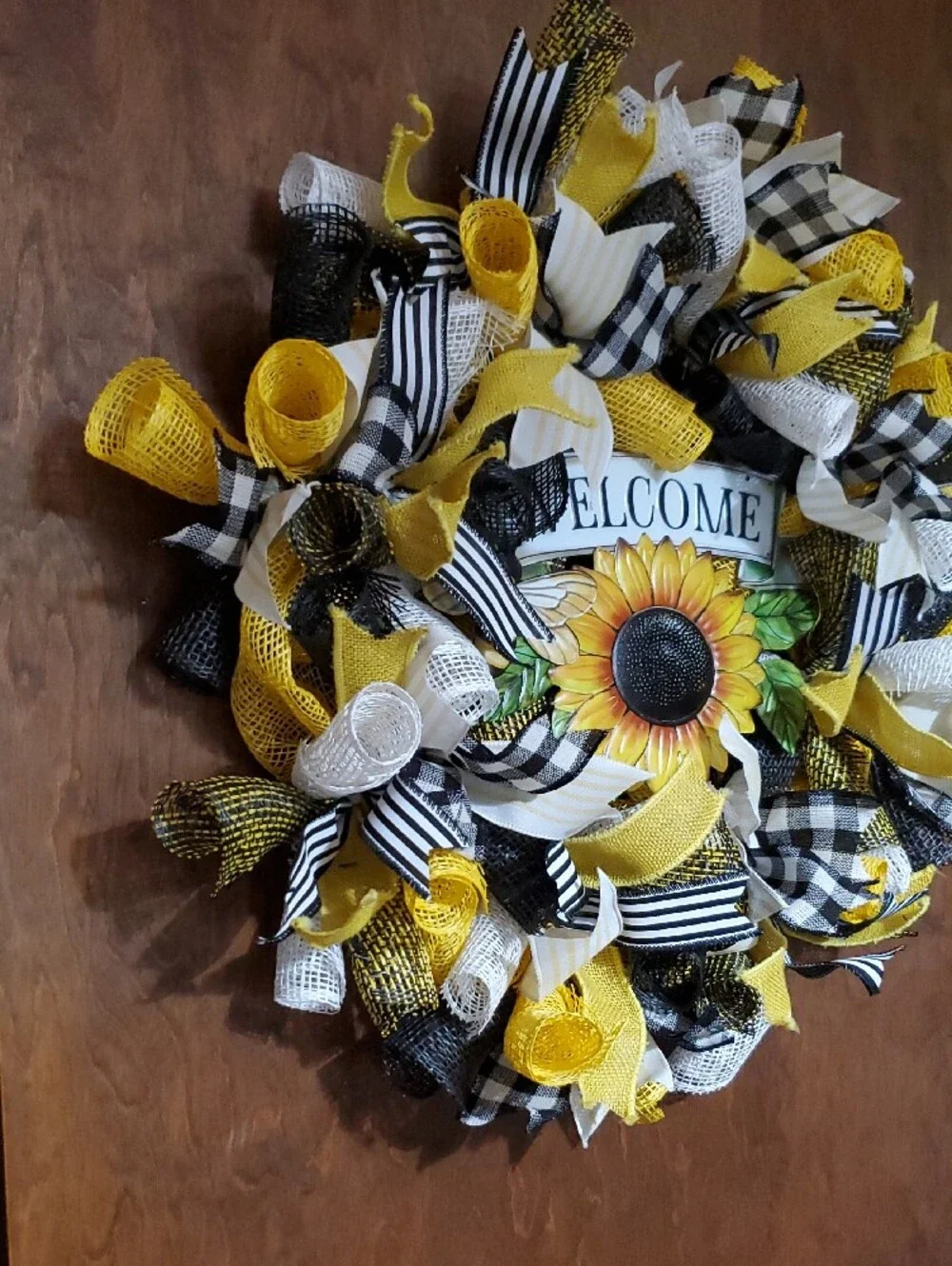 Sunflower Welcome Wreath with Yellow, Black & White Ribbons
